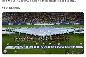 欧足联拉横幅为巴勒斯坦拉发声：停止杀害儿童，停止杀害平民