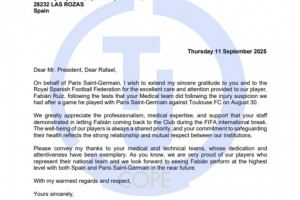 反观？巴黎主席纳赛尔致信西足协，感谢西班牙队放法比安提前归队
